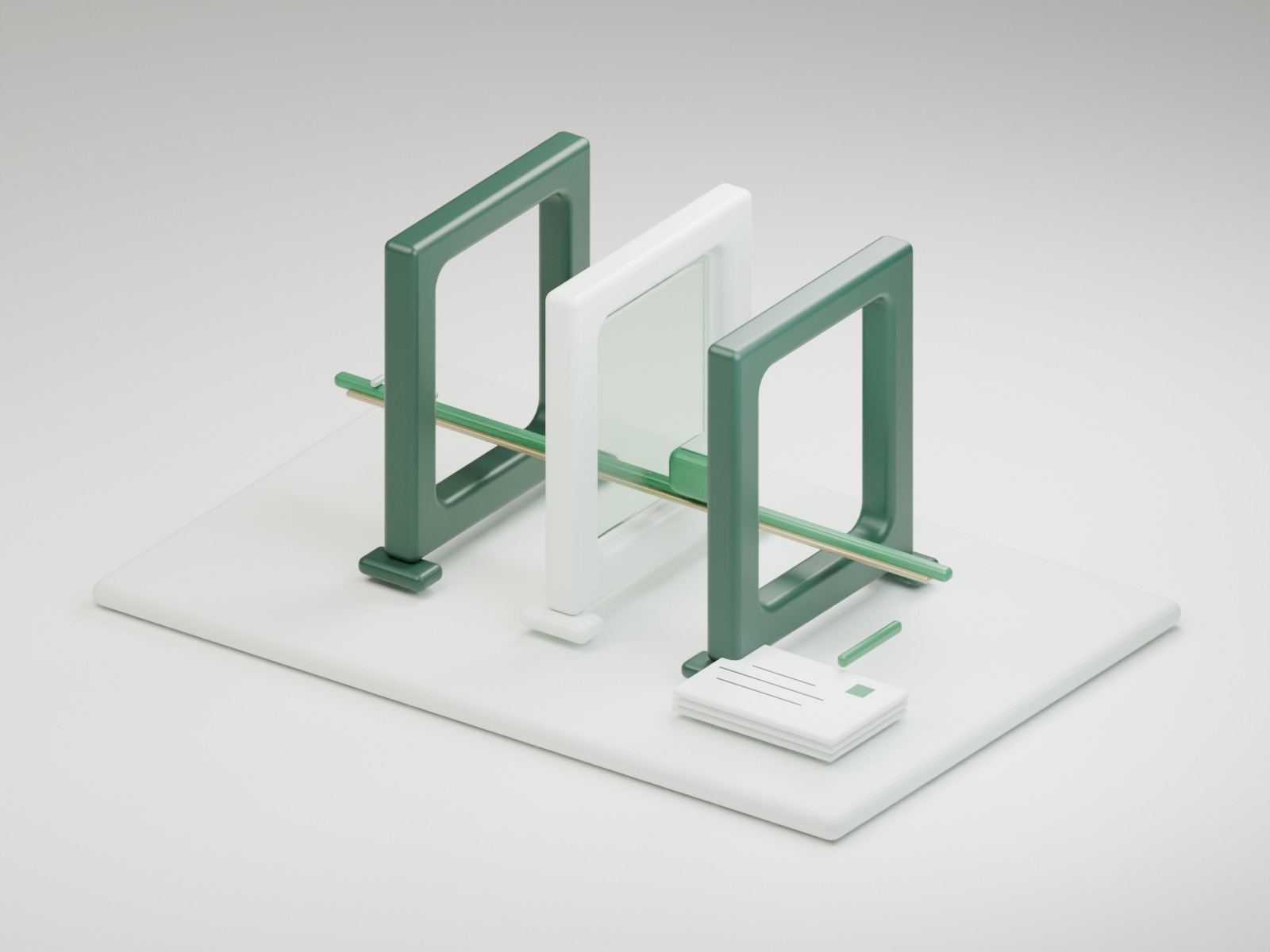 Three aligned frames around a narrow path, with a small stack of evidence tiles beside them.